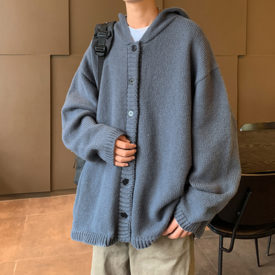 秋冬纽扣开衫毛衣外套男连帽