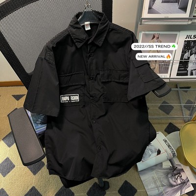 日系工装短袖翻领衬衫