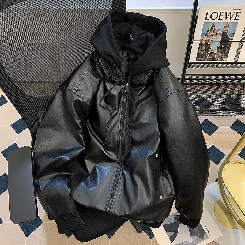 美式假两件连帽PU皮羽绒棉衣男生冬季宽松休闲加厚机车服棉袄外套