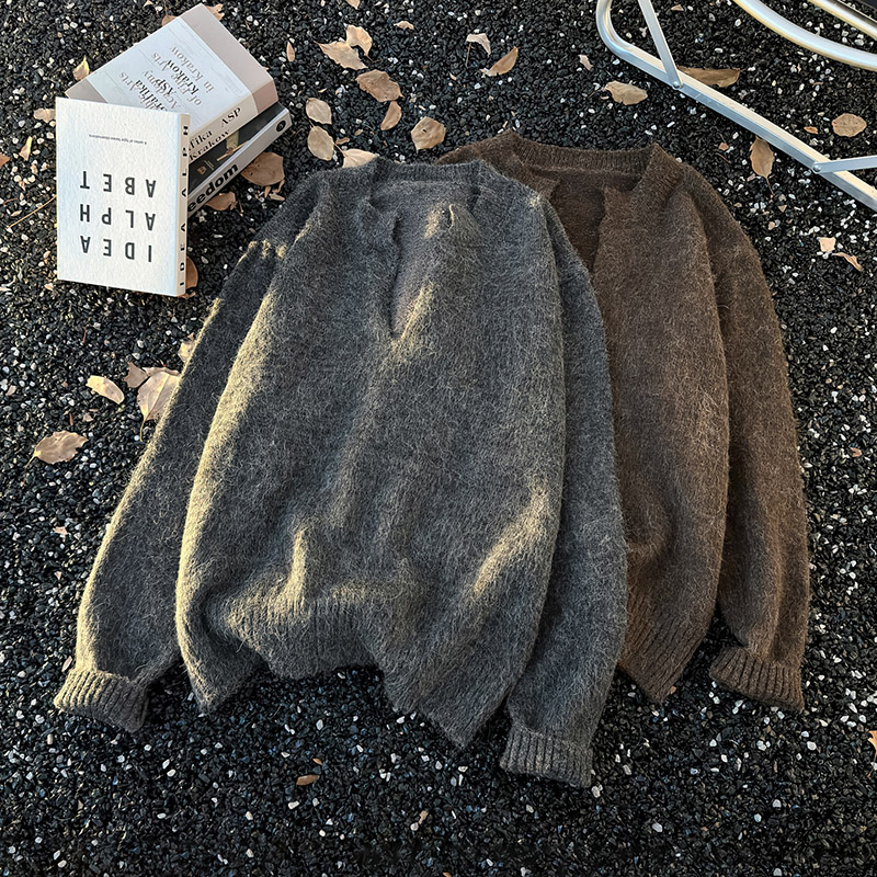 美式复古v领毛衣男士冬季潮牌百搭纯色保暖针织毛衫宽松打底线衣