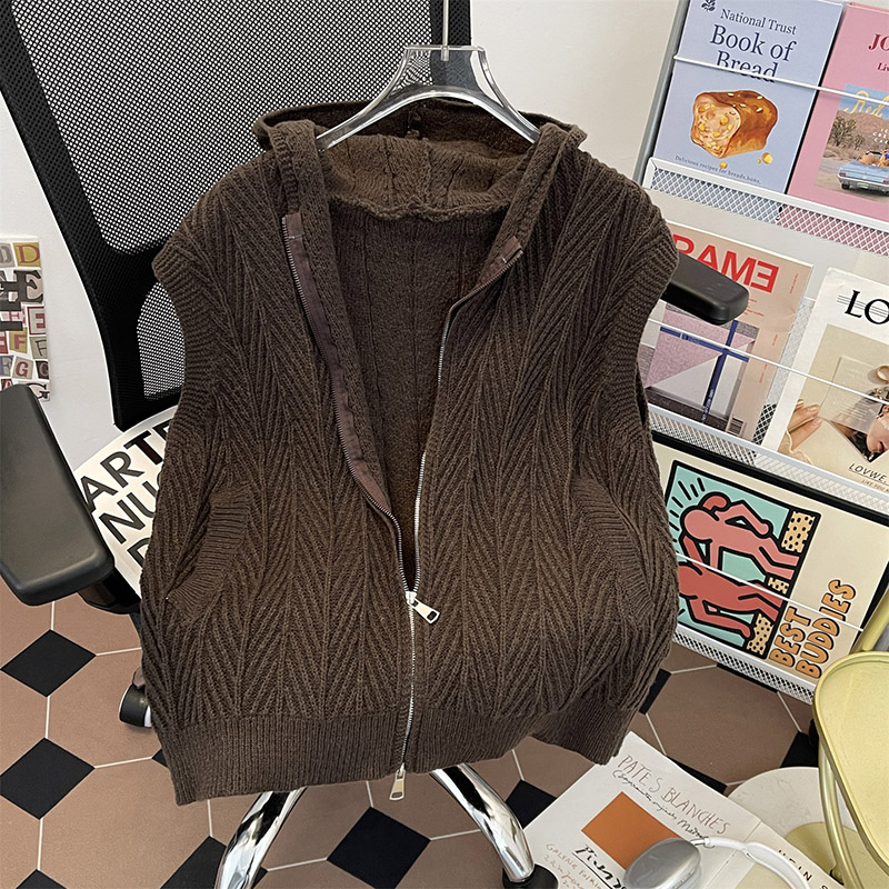 拉链连帽针织马甲男通勤2025秋冬季外穿无袖提花毛衣背心坎肩上衣