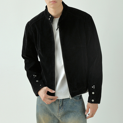 复古棕色麂皮绒哈灵顿立领夹克衫男装美式hiphop高街短款垫肩外套