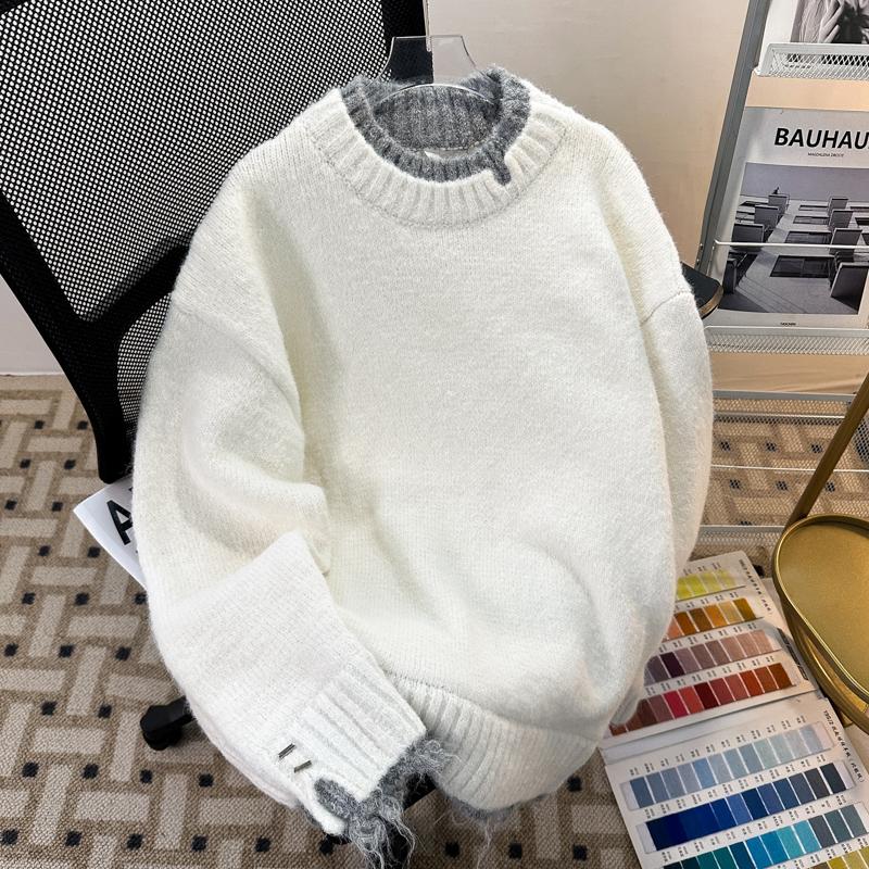 假两件水貂毛手工剪破毛衣男女款圆领宽松保暖简约内搭针织衫线衣