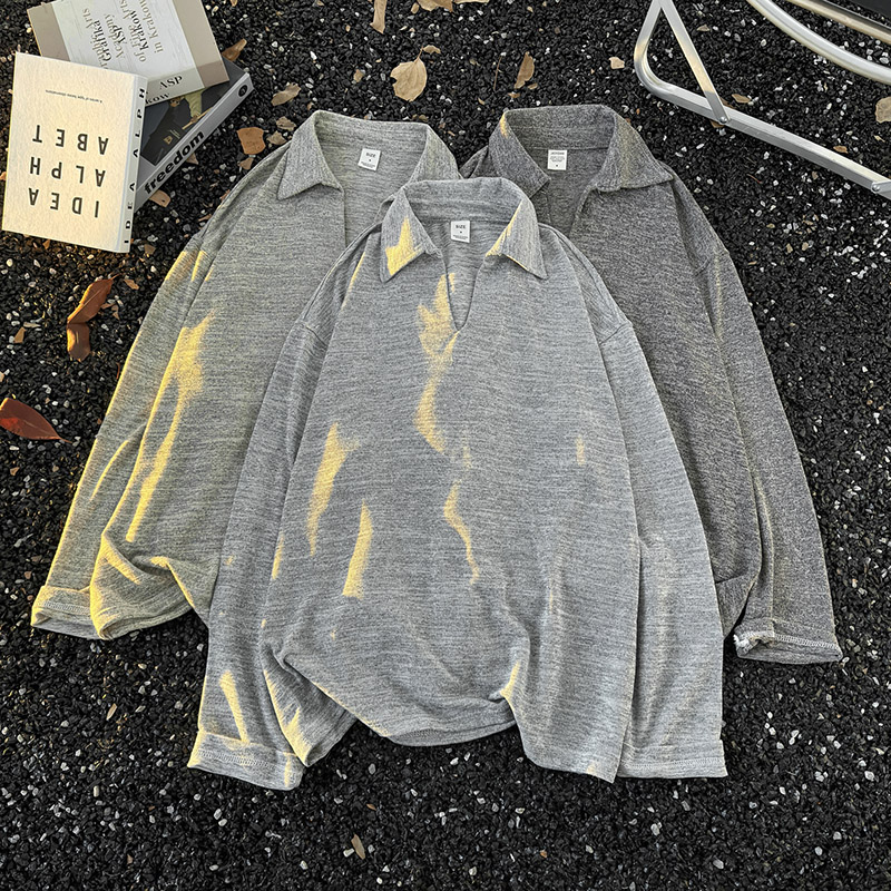 深灰色老钱风V领长袖T恤男款美式polo衫肌理感正肩体恤内搭打底衫