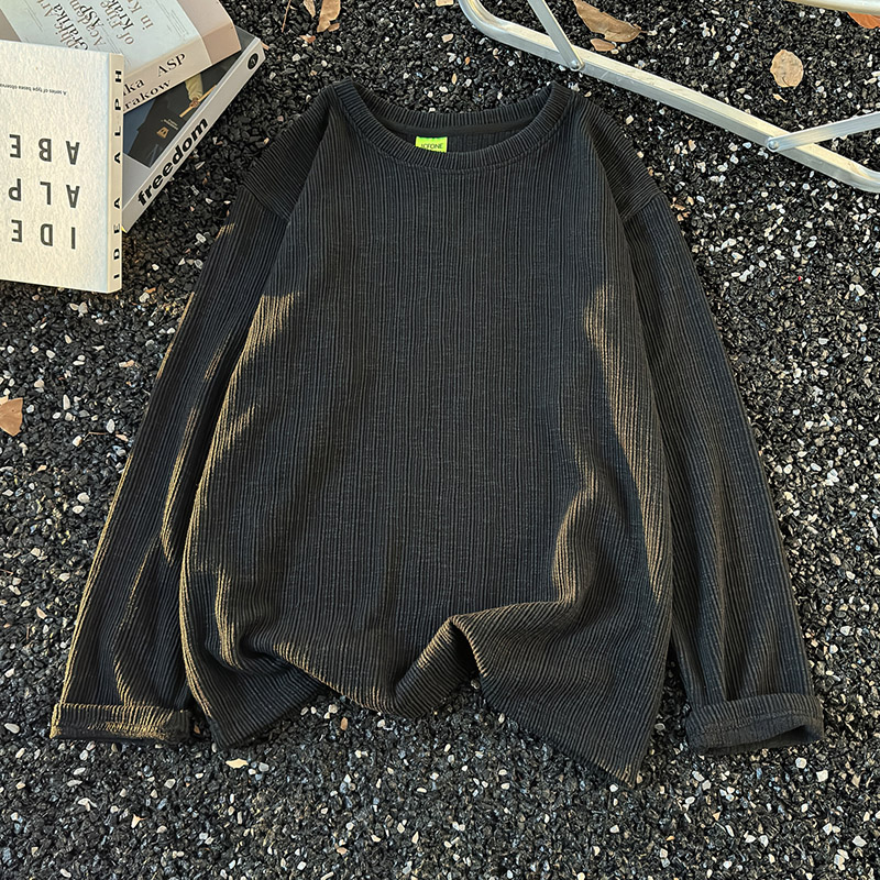 老钱风肌理纯色褶皱长袖t恤长袖男秋季cleanfit休闲内搭打底卫衣