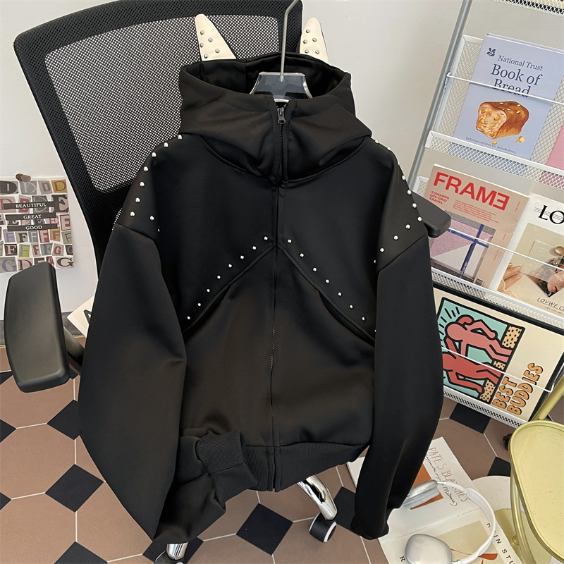 重磅连帽柳钉兔耳开衫卫衣男女纯色春秋美式休闲运动短款廓形外套