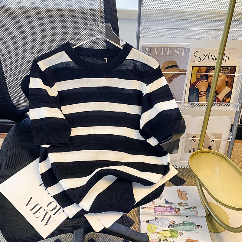 冰丝黑白针织条纹短袖T恤