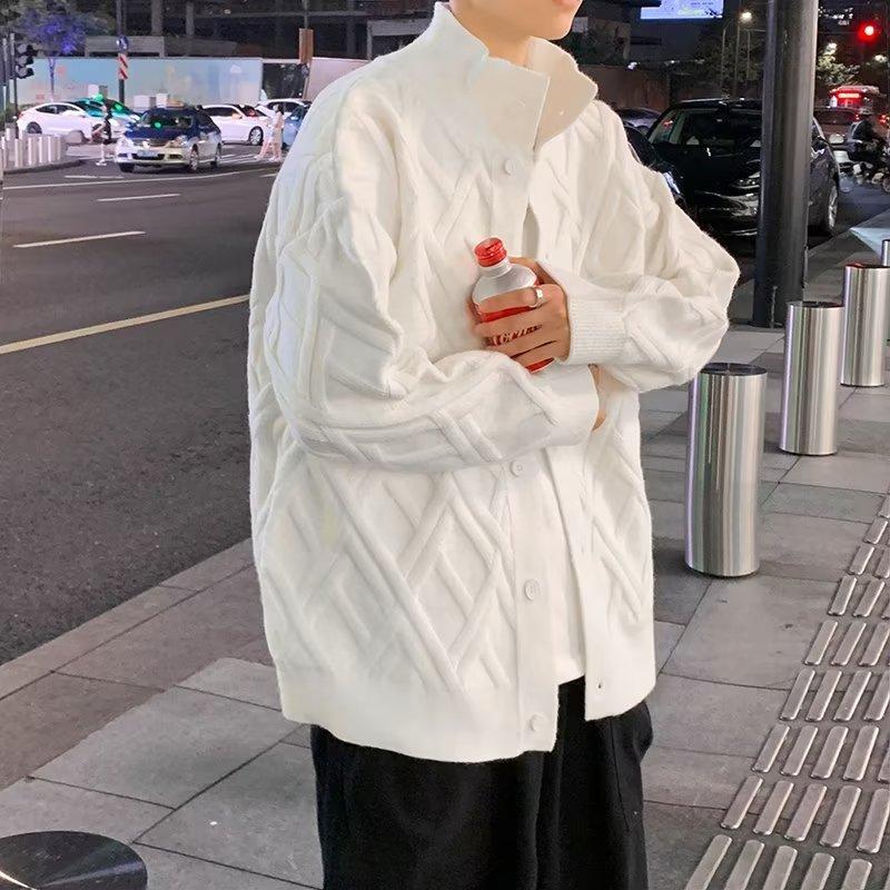 时尚半高领菱形格毛衣男士高级宽松休闲开衫加厚针织衫外套ins潮