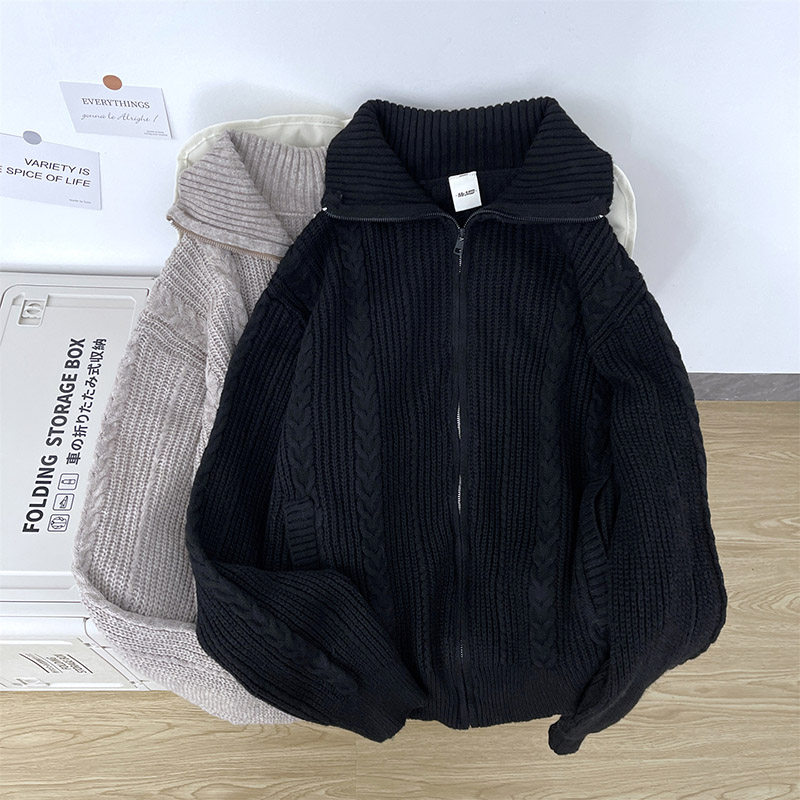 日系麻花编织开衫长袖毛衣男生冬季加厚高领针织毛衫宽松休闲外套