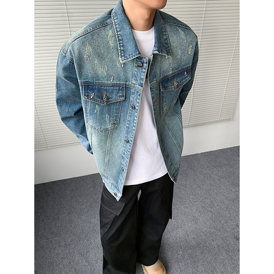 美式做旧烫钻重工牛仔夹克男装高级外套休闲高街小众翻领水洗褂子