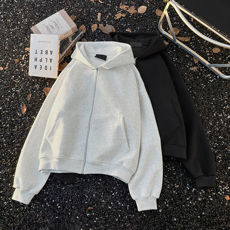 美式重磅灰色开衫卫衣男女春秋款拉链连帽外套美式复古穿搭运动风