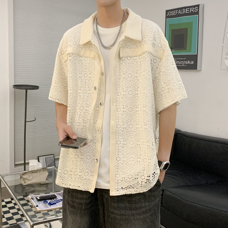 夏天镂空设计感宽松短袖衬衫男女外穿潮流开衫上衣高级翻领衬衣bf_虎窝淘