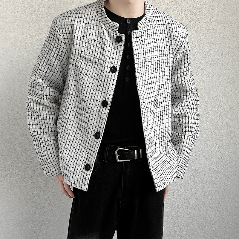 新中式毛呢短款垫肩小香风西装外套男装高级感立领休闲千鸟格上衣