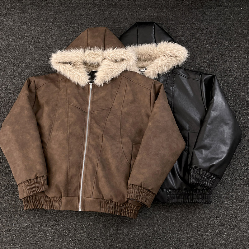 连帽座山雕加绒pu皮衣外套棉服男女冬季美式加厚保暖毛领棉衣夹克