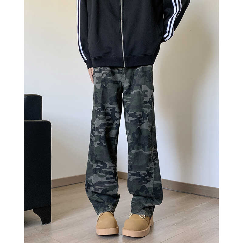 高街直筒迷彩军绿色工装牛仔裤男美式复古宽松解构伐木阔腿裤子