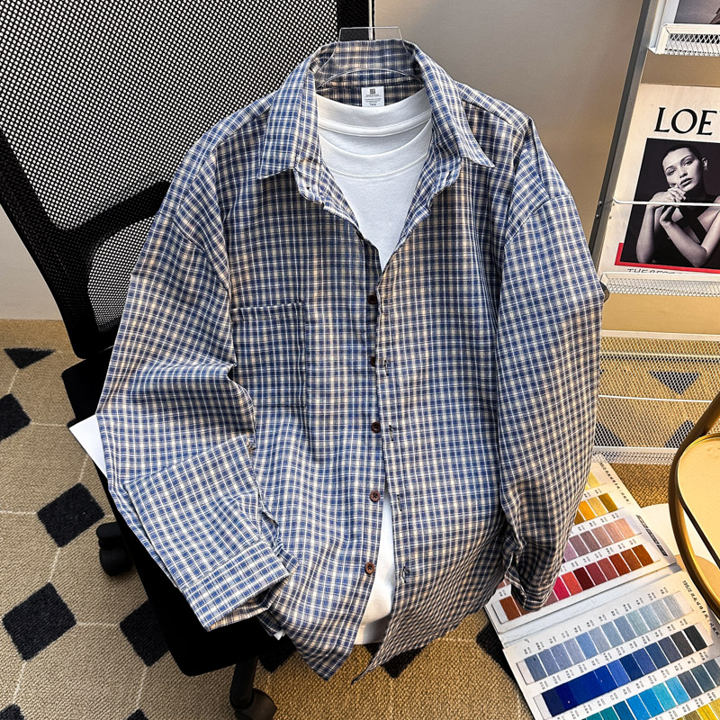 2025春夏季ins港风格子衬衫男女宽松休闲长袖薄款bf防晒格纹衬衣