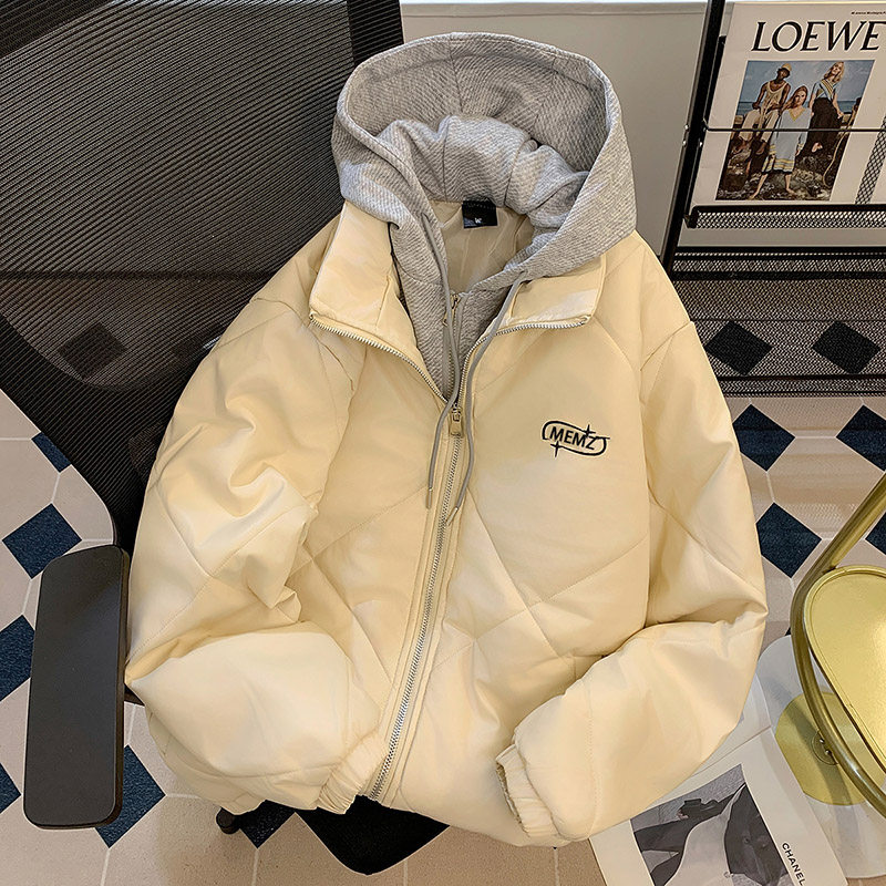 韩系假两件皮衣短款羽绒棉服男女冬季外套夹棉连帽棉袄2025新款潮