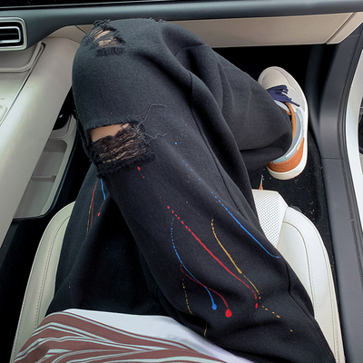 半松紧泼墨涂鸦黑色牛仔裤男款阔腿破洞设计感直筒长裤青少年宽松