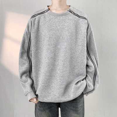 解构双拉链圆领廓形灰色长袖卫衣男休闲拼接落肩袖重磅设计感上衣
