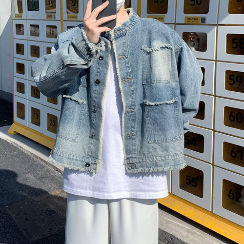 设计感水洗渐变牛仔外套男痞帅秋冬ins高街短款宽松小众毛边夹克