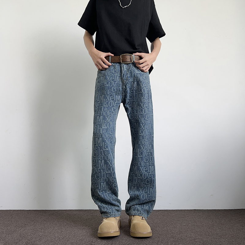 复古字母提花弯刀牛仔裤男款潮牌cleanfit美式高街直筒微喇休闲裤