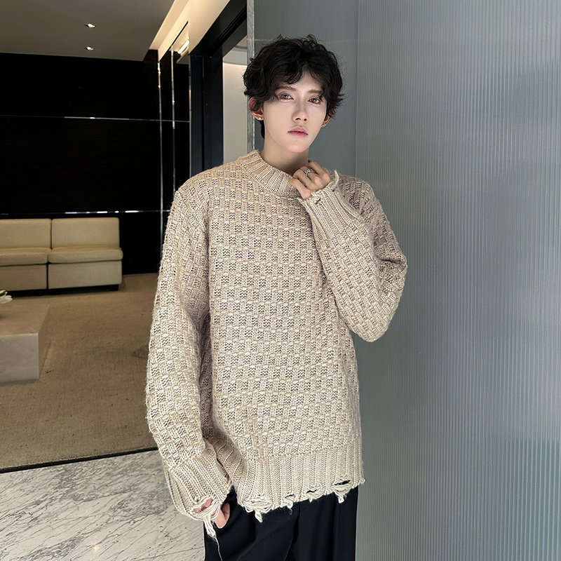 日系小众设计感圆领破洞毛衣男女冬季下摆不规则破坏宽松针织衫