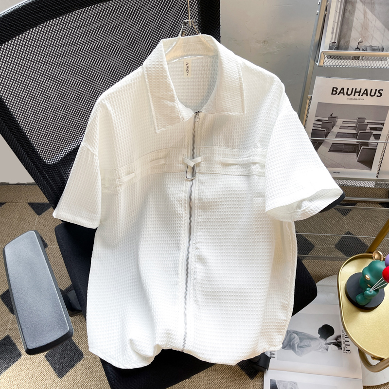 华夫格拉链开衫短袖衬衫