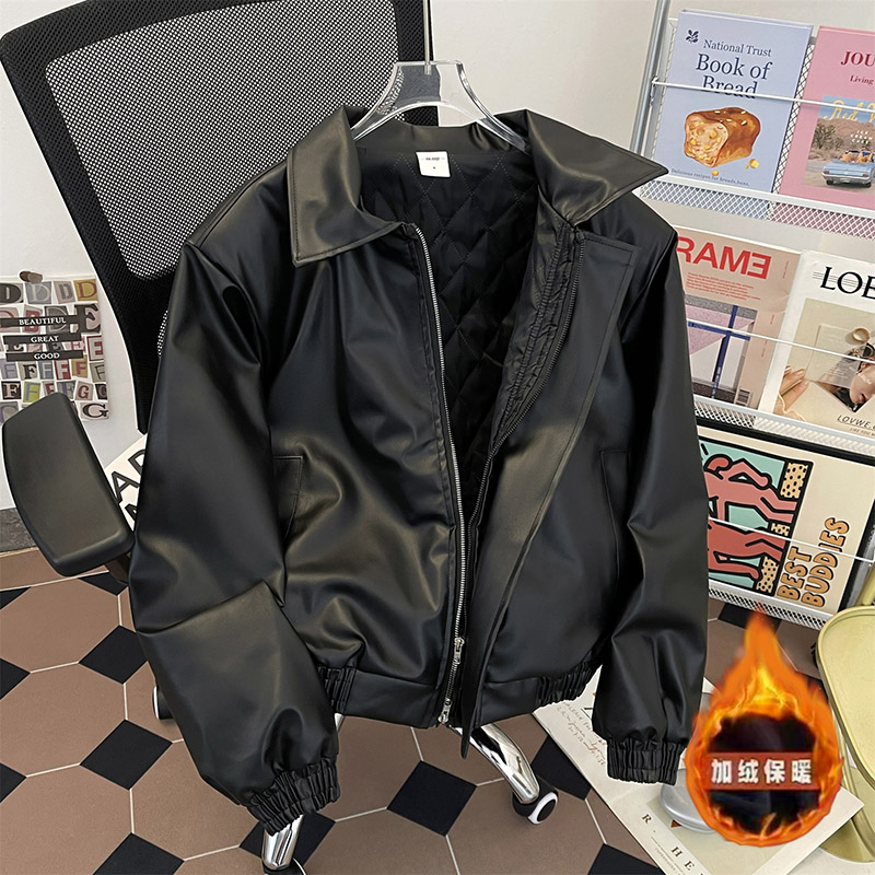 加厚夹棉PU皮衣外套男生冬季宽松夹克棉衣高级感飞行员防风棉袄子