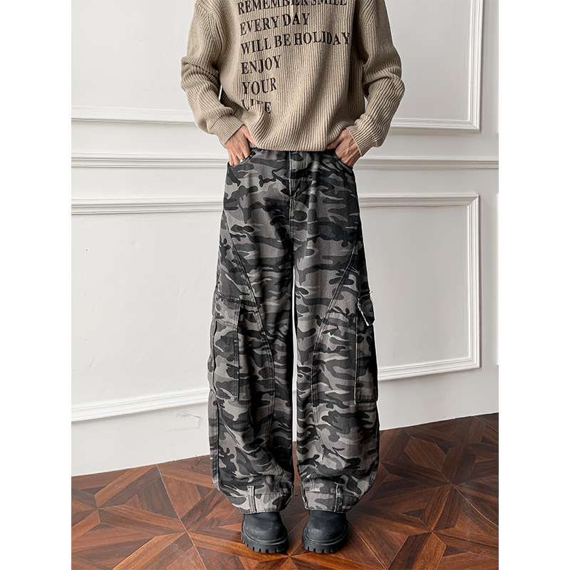 反穿设计感弯刀迷彩工装牛仔裤男女款春秋季宽松直筒阔腿长裤拖地