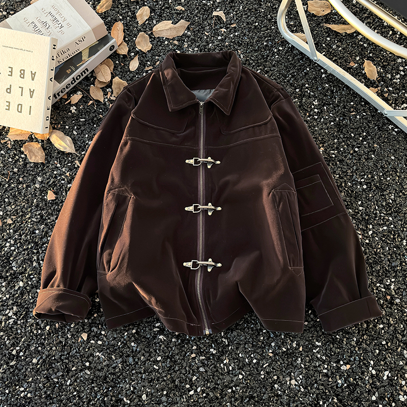 重磅解构飞机扣工装夹克外套男女美式复古做旧麂皮短款棒球服上衣