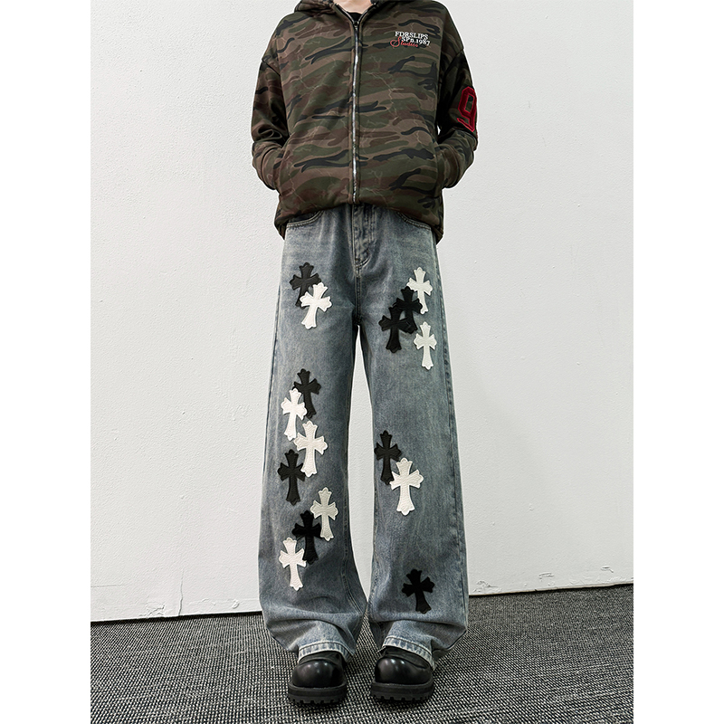 十字架贴皮牛仔裤男款痞帅美式高街vibe风宽松青少年直筒阔腿长裤