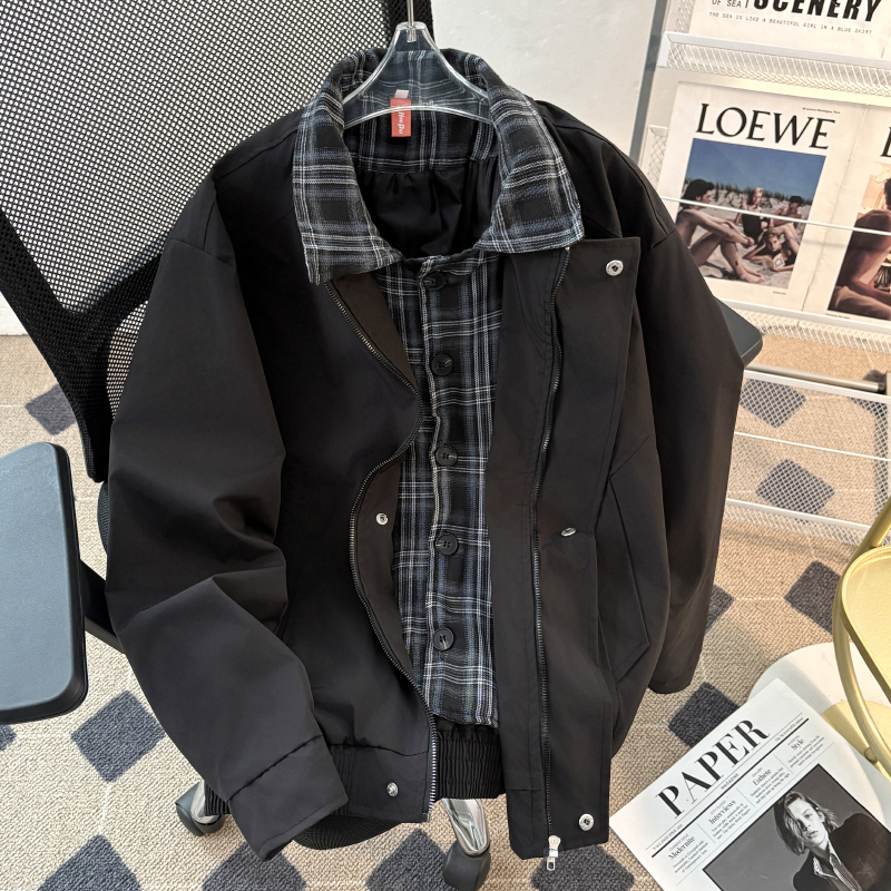 复古假两件飞行员棕色夹克男装美拉德穿搭格纹拼接棒球服休闲外套