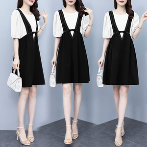 RM16587#夏季新款胖妹妹宽松显瘦泡泡袖蝴蝶结短袖拼接连衣裙