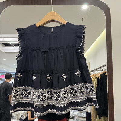 刺绣木耳边无袖背心女2025夏季新款时尚百搭圆领甜美气质上衣8822