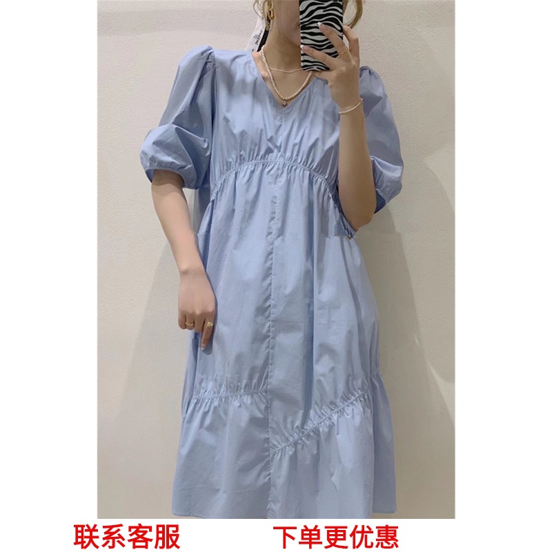 3迪冉艺人小个子法式连衣裙女2021夏新款宽松遮肉泡泡袖中长裙6675