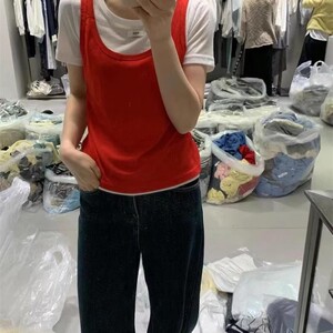 6065背心女撞色双层叠穿宽松短袖上衣春夏季假两件设计感外穿韩系