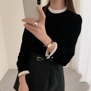 土布鱼法式优雅黑色丝绒衬衫女长袖立领木耳边通勤风少女感潮7503