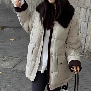 韩版中长款羊羔毛领羽绒服女2025冬季新款加厚保暖大口袋外套冬装