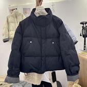 韩系袖 子拼接格子羽绒服女2025冬装 上新立领宽松白鸭绒短外套上衣