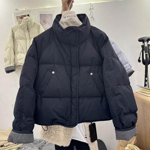 韩系袖子拼接格子羽绒服女2025冬装上新立领宽松白鸭绒短外套上衣