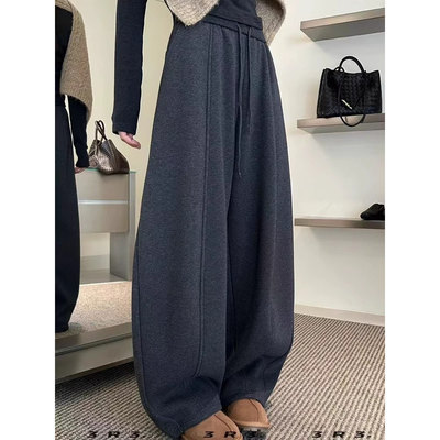 3R3加绒弯刀裤女高腰抽绳卫裤宽松显瘦休闲阔腿2025冬季长裤66365