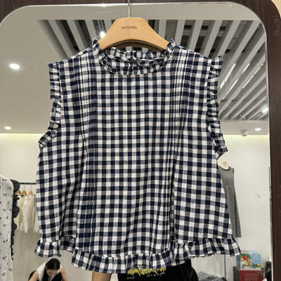 丈青格小衫女2025夏款时尚百搭圆领木耳边格子无袖衬衫女上衣9615