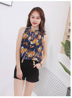碎花雪纺衫女夏洋气宽松显瘦遮肚子无袖挂脖露肩上衣外穿夏季新款