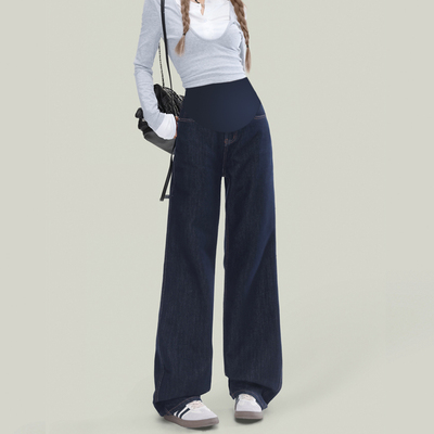 深蓝孕妇阔腿裤春秋款牛仔托腹裤