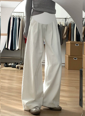 白色牛仔孕妇裤春秋新款高腰阔腿裤褶皱宽松垂感直筒拖地托腹长裤