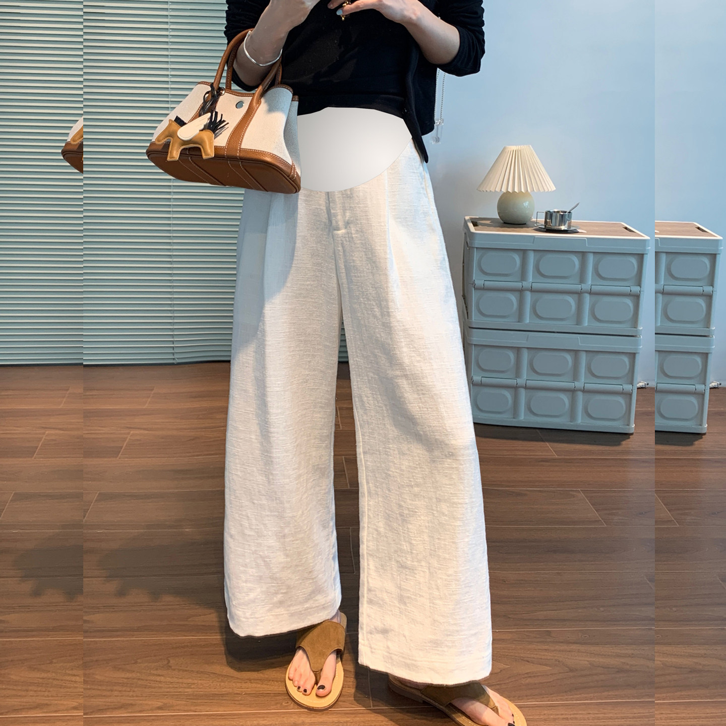 棉麻孕妇裤夏季薄款白色弹力托腹裤宽松松弛感阔腿裤九分休闲裤子