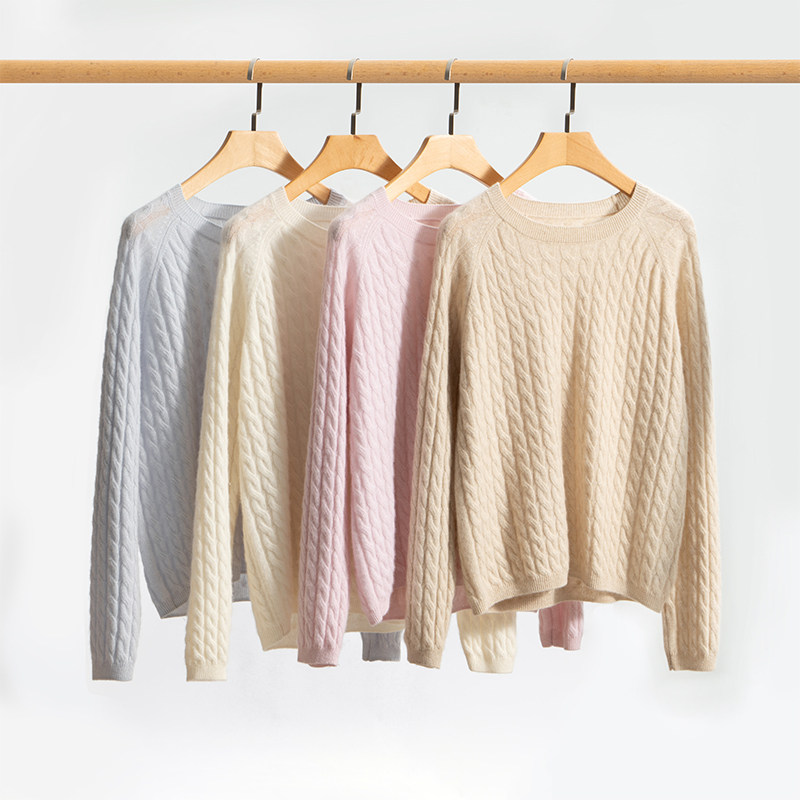 麻花金丝插肩袖秋冬新款山羊绒女士套头羊绒衫