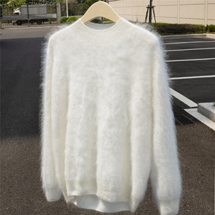 高端拉绒半高领100%纯羊绒衫女秋冬宽松长毛针织套头毛衣长袖打底