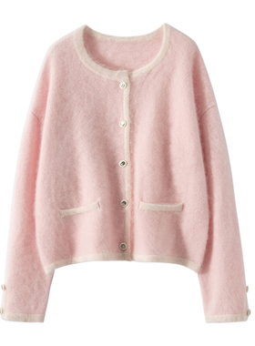 heChe小香风拉绒A规baby100%纯山羊绒针织开衫女圆领拼色外套