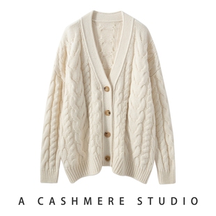 针织开衫 女V领长袖 宽松显瘦毛衣外套上衣 百搭100%山羊绒衫 经典